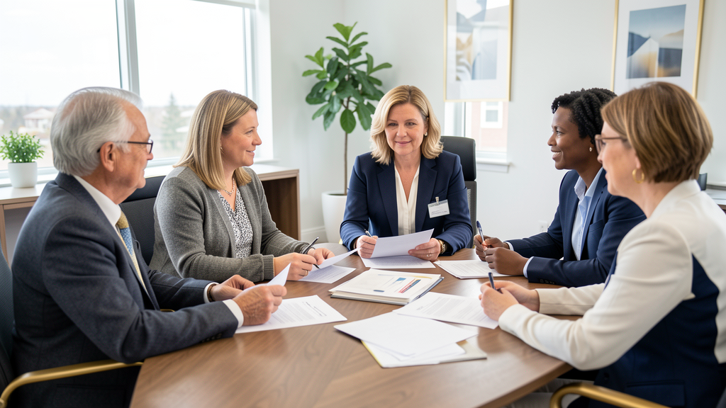 Ontario family meeting with an estate planning lawyer to review wills, powers of attorney, beneficiaries and next steps.